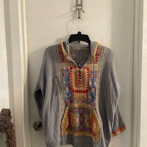JOHNNY WAS Bertha small blue grey 100% cotton gauze embroidered popover hoodie